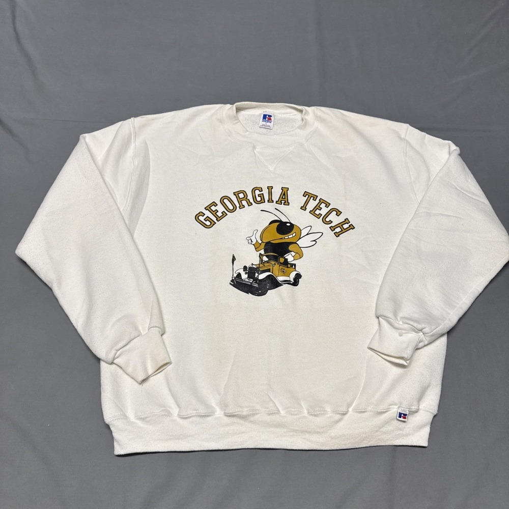 Vintage Russell Georgia Tech Sweatshirt Large Yellow Jackets Big Logo White